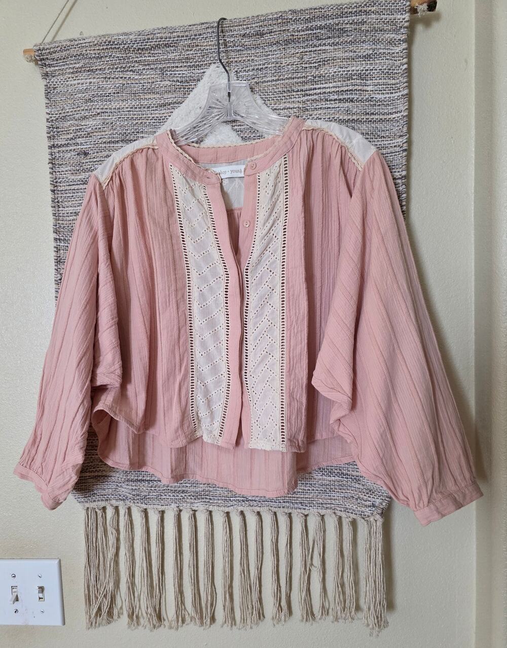 Bishop + Young Pink Cotton Gauze Blouse Boho Embroidered Crochet Front Size M